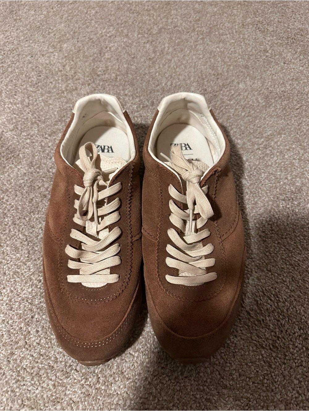 Zara Men's Brown Suede Sneakers with Cream Laces